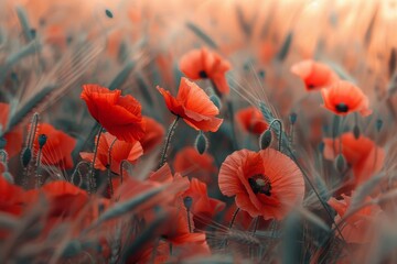 Beautiful Poppies flowers summer landscape - field full of red Poppies flowers, AI Generated
