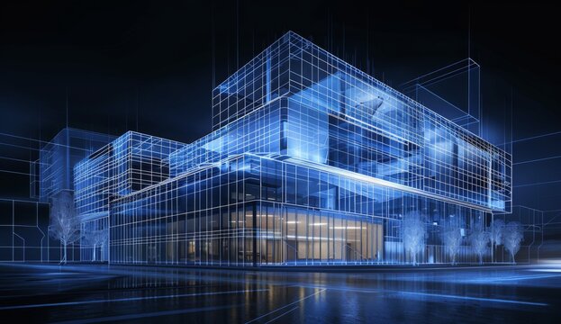 A blueprint of an office building with digital lines and blue hues representing the future of architecture Generative AI