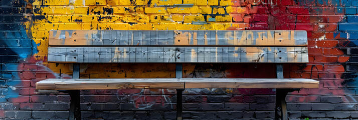 Wooden Bench with Graffiti Brick Wall Background, Empty bench with graffiti symbolizing the silent solidarity,