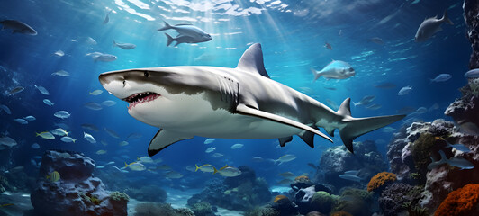 Naklejka premium a shark swimming in the clear sea beautiful coral reefs in under the sun, ai generative