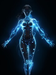 Photo of electric girl, human with blue electric body, black background. Generative AI.