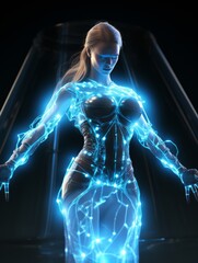 Photo of electric girl, human with blue electric body, black background. Generative AI.