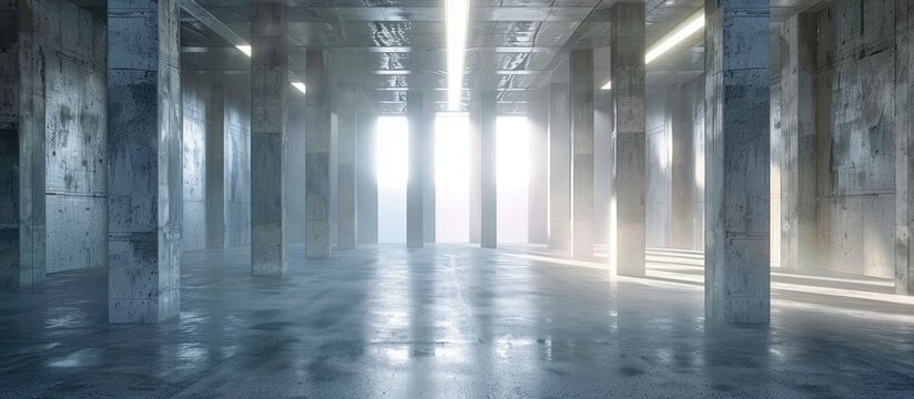 Empty concrete room with columns and lighting. Background of city architecture. 