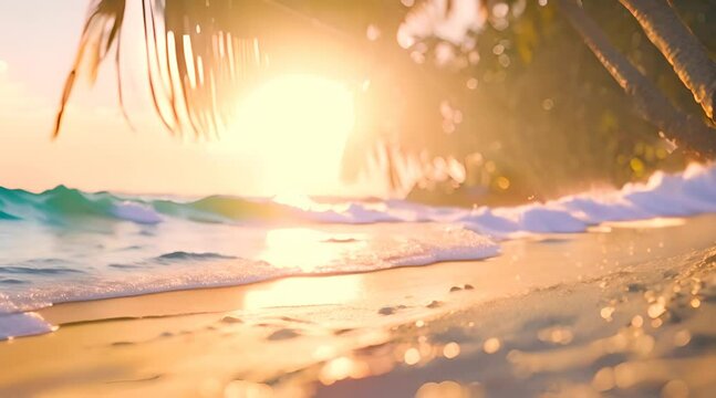 Blur tropical beach with bokeh sun light wave abstract background