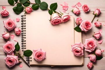 Background with rose flowers and empty notebook for text blank diary rose flower decoration 