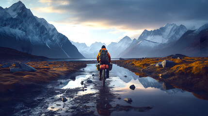 male traveler rides a bicycle along a road against the backdrop of a beautiful mountain natural landscape