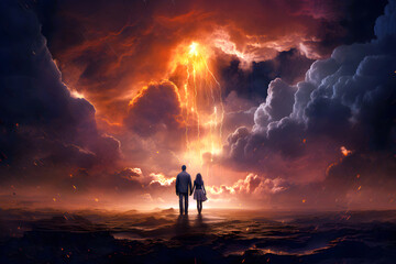 man and woman standing together and looking at dramatic colored clouds with lightning