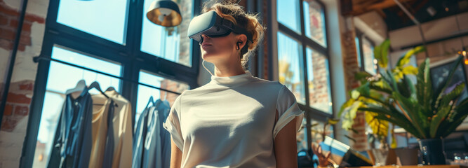 stylish woman standing in a soho loft while looking at an virtual reality fashion avatar surrounded...