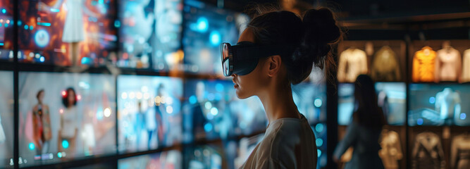 stylish woman standing in a soho loft while looking at an virtual reality fashion avatar surrounded...
