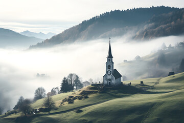 Catholic Church against the backdrop of evening fog in the mountains. religion and christianity