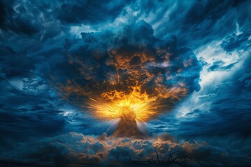 Fototapeta na wymiar Nuclear explosion at night among clouds