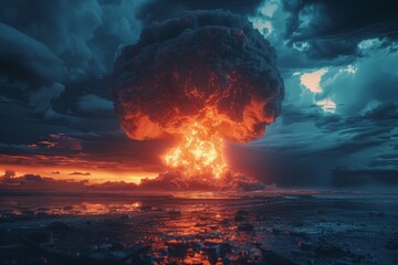 Massive nuclear explosion in night storm - obrazy, fototapety, plakaty