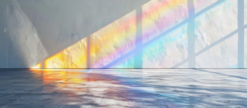 Rainbow light refraction texture overlay creates an organic diagonal holographic effect on a white wall with shadows enhancing the natural light effects.