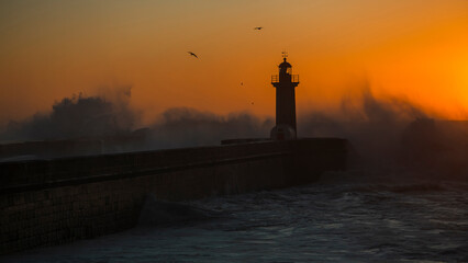 Lighthouse of the Felgueiras during a amazing sunset, Porto, Portugal. - 767543311