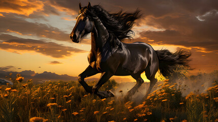 running thoroughbred muscular horse across the field. mammal. biology and fauna - obrazy, fototapety, plakaty