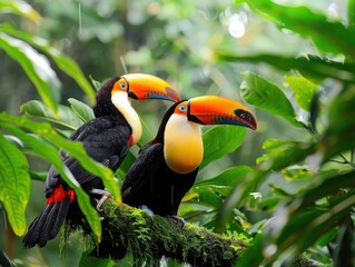 Fototapeta premium Vibrant toucans in tropical rainforest lush greenery