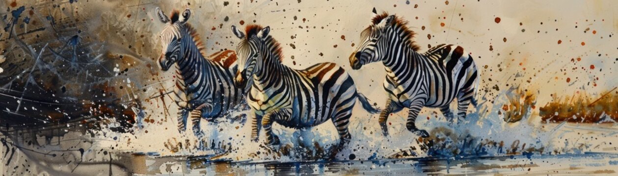 Zebras crossing water dynamic watercolor scene