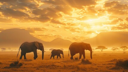 Fototapeta na wymiar Majestic elephants at dawn golden light