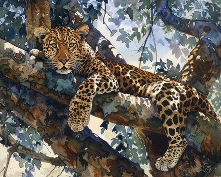 Leopard in a tree dappled sunlight effect