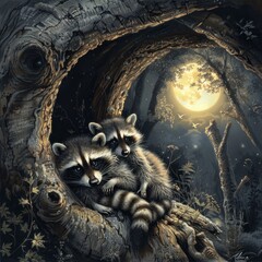 Cozy raccoons in tree hollow moonlit night