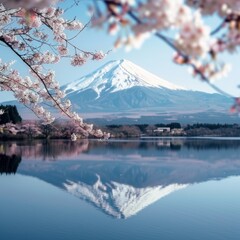 Fototapeta na wymiar Cherry blossom season in Japan Mount Fuji backdrop
