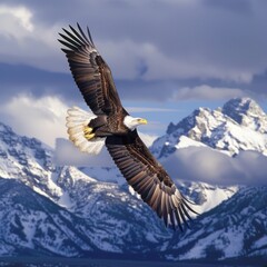 Obraz premium Bald eagle flying over Grand Teton dramatic sky