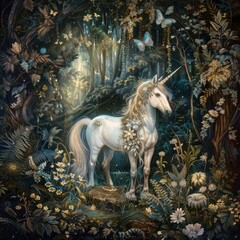 Obraz na płótnie Canvas An ethereal illustration of a unicorn in an enchanted forest space for poetry or quotes
