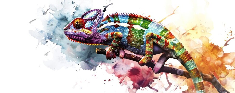 Chameleon on a branch vibrant watercolor palette