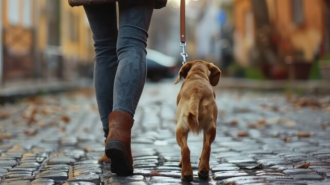 A dog walks with its owner. The love and devotion of a best friend. Joyful walks together, a friendship that knows no bounds.