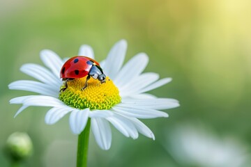 Obraz premium Daisy with ladybug on sunny background