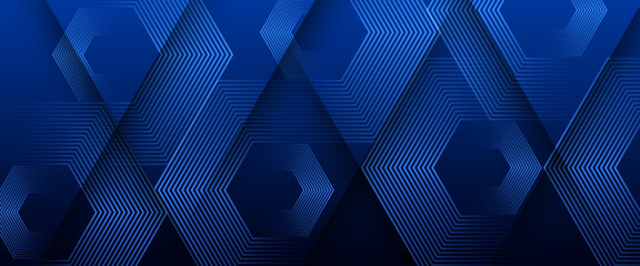 Blue and black dark vector 3D abstract line modern tech futuristic glow banner. Vector illustration for business, corporate, institution, party, festive, seminar, and talks - obrazy, fototapety, plakaty