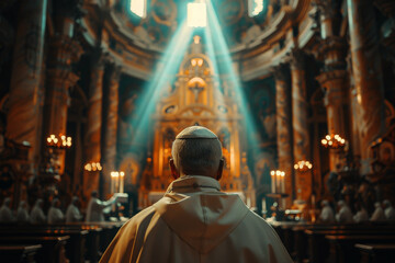 A pope person prays intently in a Christian church, AI generation - obrazy, fototapety, plakaty