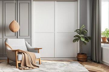 White wooden wardrobe with sliding doors in scandinavian style interior design of modern bedroom. - obrazy, fototapety, plakaty