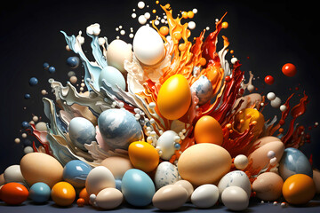 decorative composition of colored chicken eggs. creative art