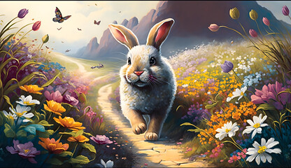 Radiate the essence of Easter by envisioning a cheerful bunny hopping through a meadow filled with colorful flowers, leaving a trail of festive eggs for everyone to enjoy. - obrazy, fototapety, plakaty
