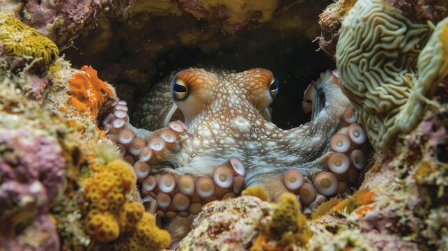 An octopus hides in a crevice of bleached coral its home and shelter now threatened by the effects of bleaching.