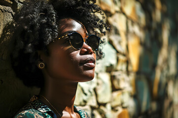 portrait of a fashionable beautiful young African woman model in sunglasses. glamor and trendy modern fashion