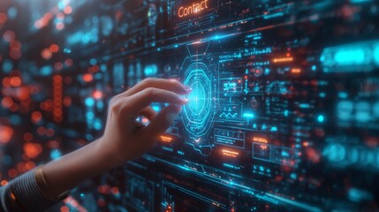 Person Touching Touch Screen With Futuristic Background