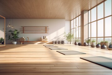 Rendering of an empty yoga room. Sunny day.