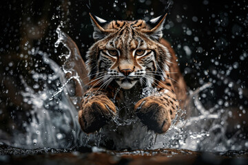 a close up of a Eurasian lynx in the water with a splash of water on it's face and it's face.