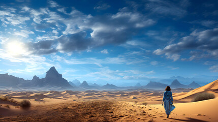 lonely woman in a blue dress walks along the sands of the desert dunes towards the sun. human life path concept