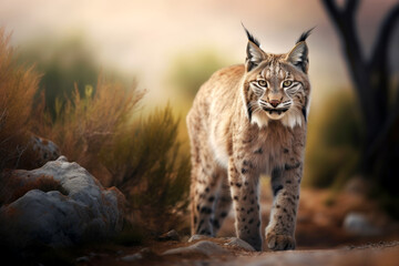 Obraz premium Eurasian lynx walking in natural habitat. Wildlife scene. Generative AI