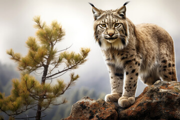 Fototapeta premium Eurasian lynx walking in natural habitat. Wildlife scene. Generative AI
