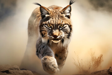 Fototapeta premium Eurasian lynx walking in natural habitat. Wildlife scene. Generative AI