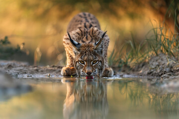 Eurasian lynx drinking water in natural habitat. Wildlife scene. Generative AI