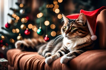 Adorable cute cat relaxing on couch in living room decorated with Christmas ornaments