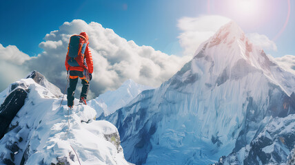 A man in an orange jacket stands on a snow covered mountain peak. The sky is cloudy and the sun is shining through the clouds. The man is wearing a backpack and he is a climber