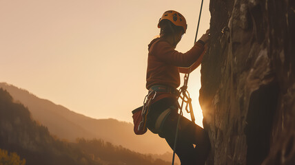 A woman is climbing a rock wall with a yellow helmet on. The sun is setting in the background, creating a warm and peaceful atmosphere - obrazy, fototapety, plakaty