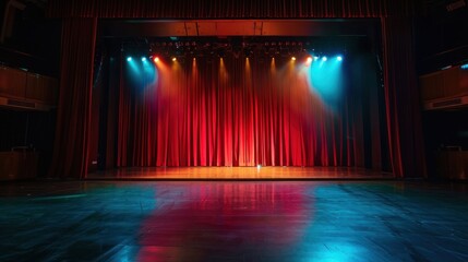 A stage with red curtains and lights on it