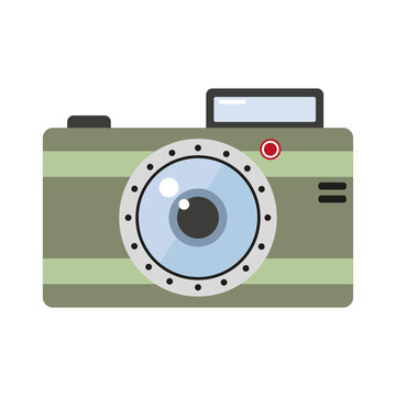 Compact digital camera illustration. Modern photography tool. Green striped design. Vector illustration. EPS 10.